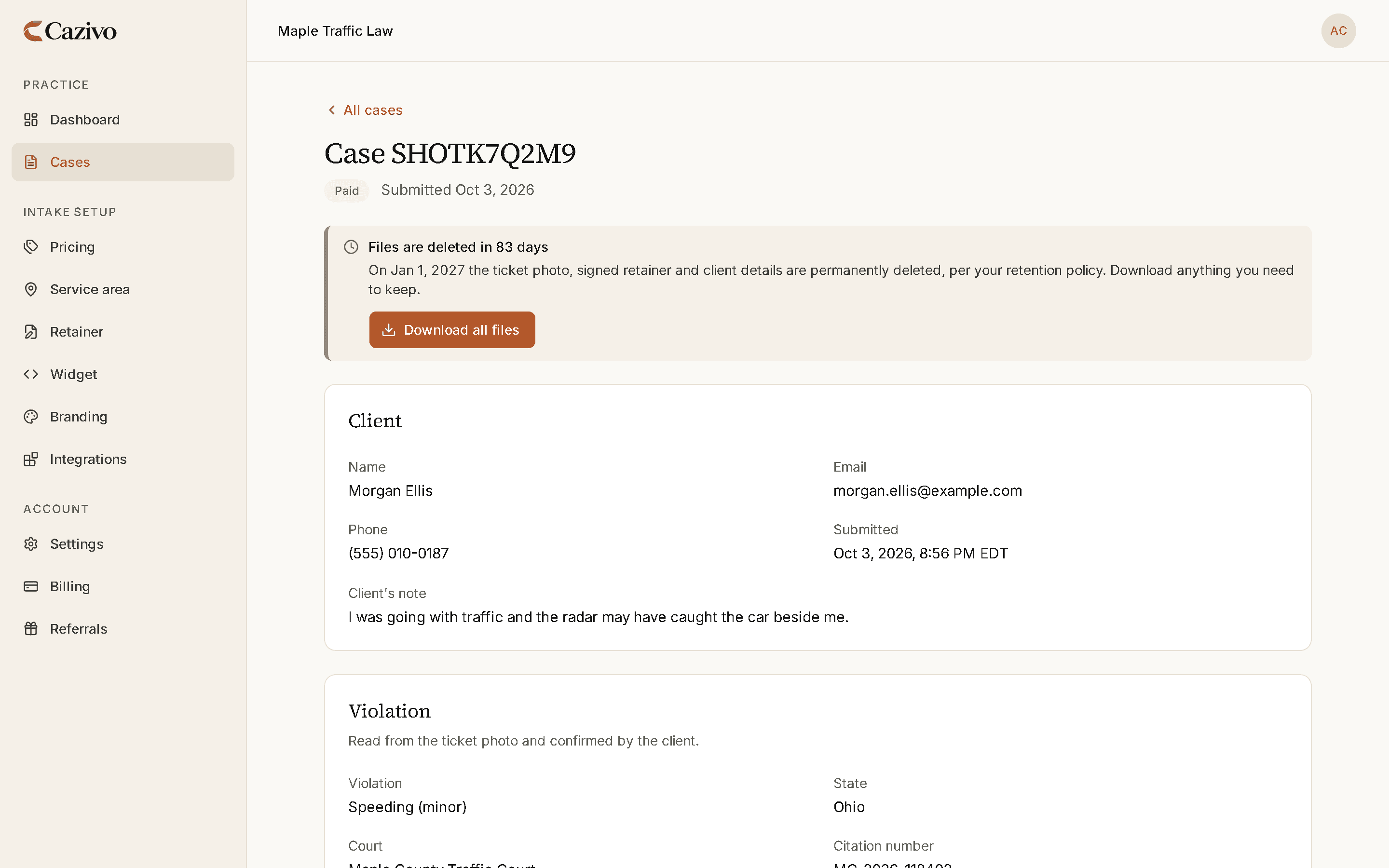 One paid case in the dashboard: the client's details and note, the violation read from their ticket, and a button to download the ticket photo and signed retainer.