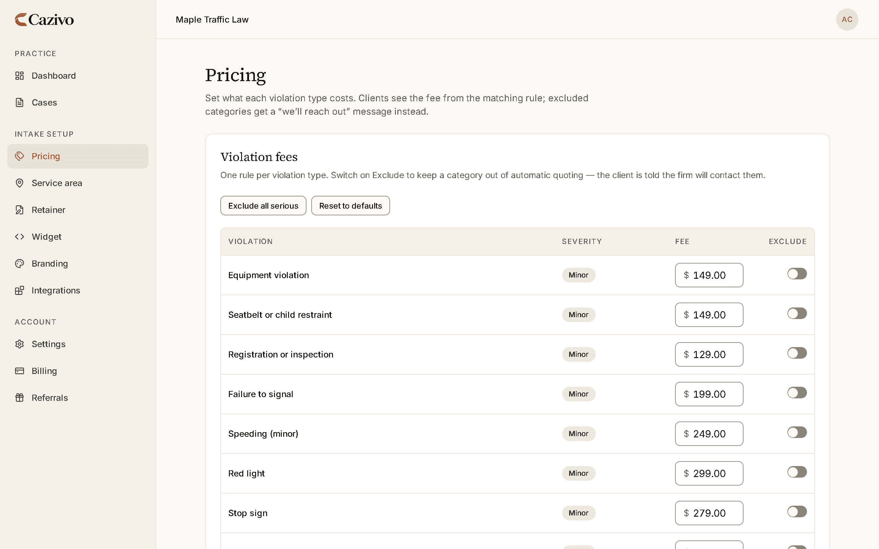The pricing page: a fee for each violation type, from $129 to $299 in view, each with a switch to exclude it from online quotes.