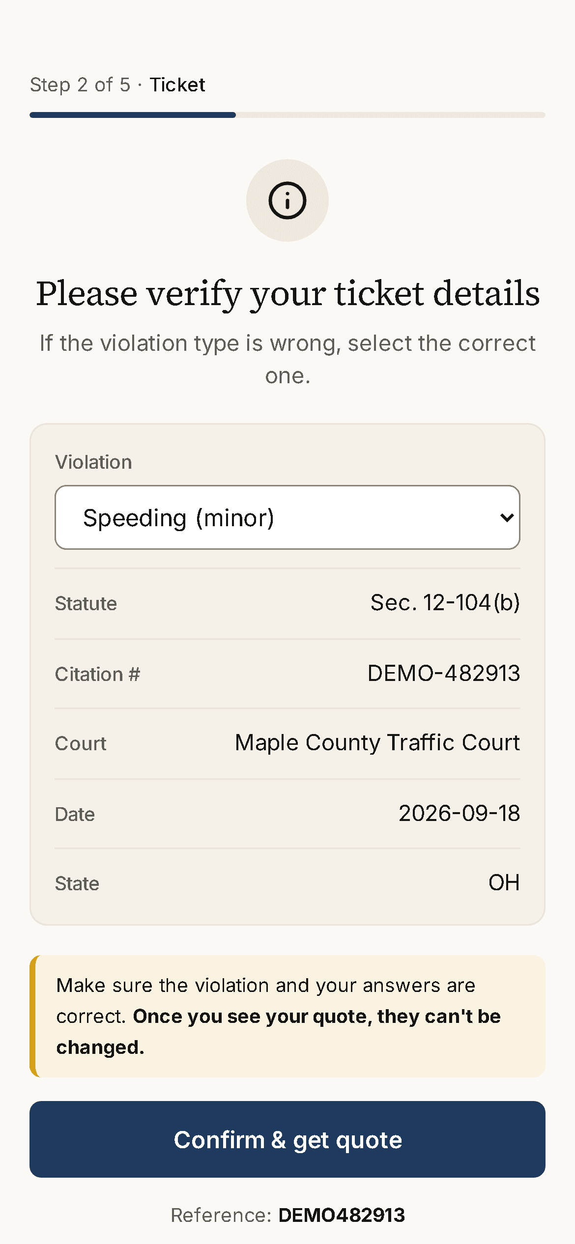 The intake widget on a phone, asking the client to check the details read from their ticket: speeding, the statute, citation number, court, date and state.