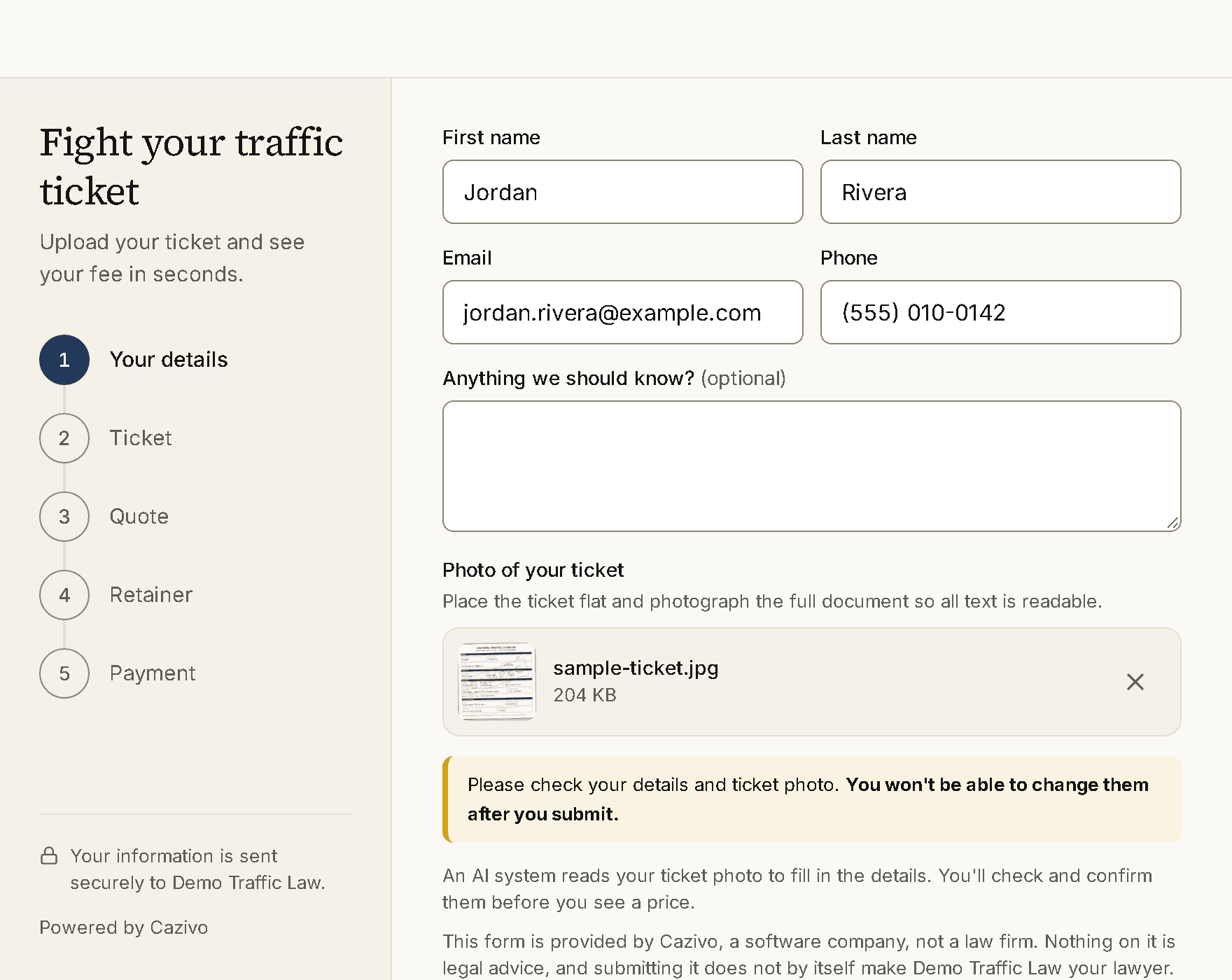 The intake widget on a computer: the client's name, email and phone, with a photo of their ticket attached, beside a five-step progress list.