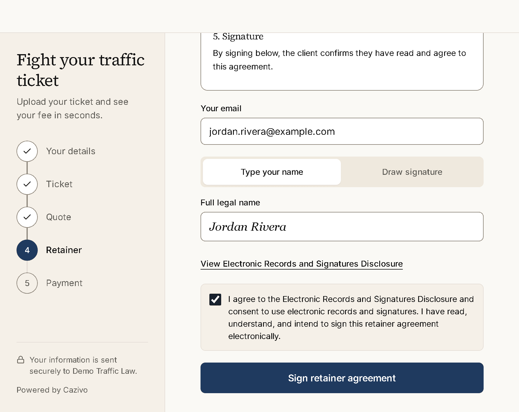The retainer signing step: the client's name typed as a signature, and the box consenting to sign electronically ticked.